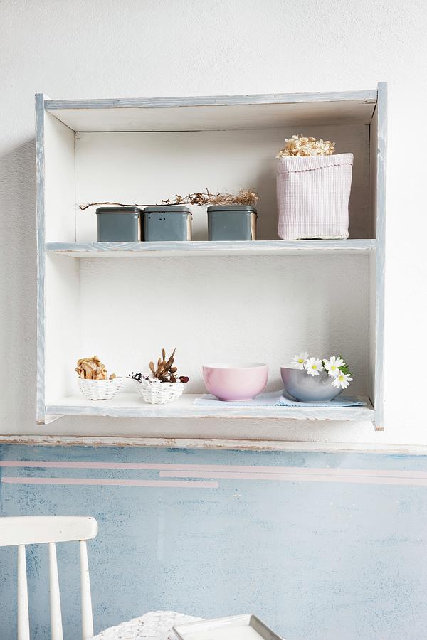Upcycling - Ornaments In Painted, Shabby-chic Shelves On Wall In Vintage Interior Photograph by Sabine Lscher