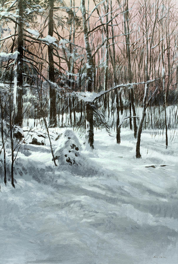 Uprooted tree covered in snow Painting by Hans Egil Saele