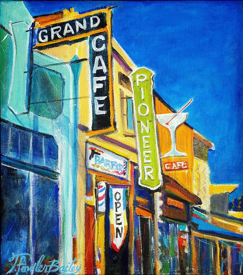 Pioneer Saloon Painting - Uptown Susanville Neons on Linen by Tf Bailey