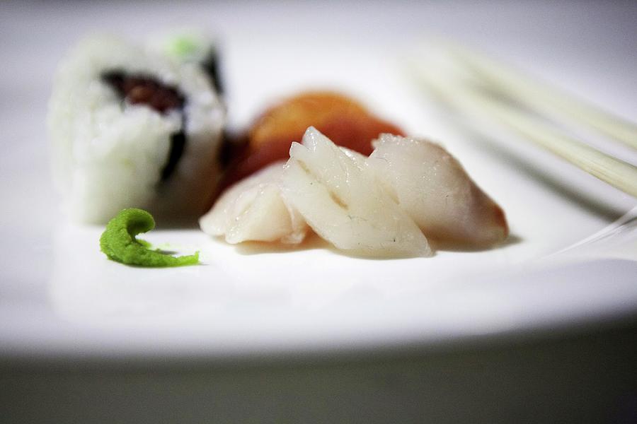 Uramaki And Nigiri Sushi; Sashimi And Wasabi Paste To The Front Photograph by Cajo, Viola