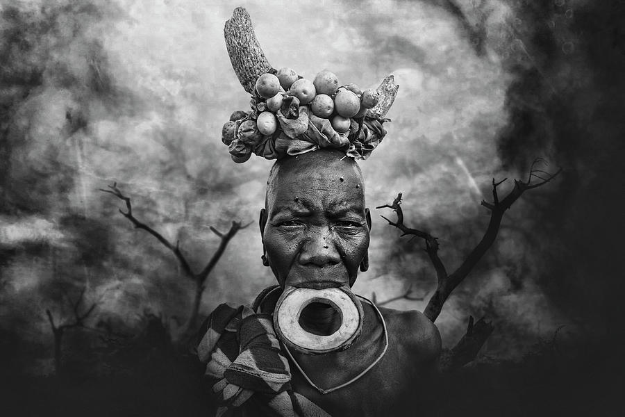 Black And White Photograph - Urban Mursi Tribe Woman by Svetlin Yosifov