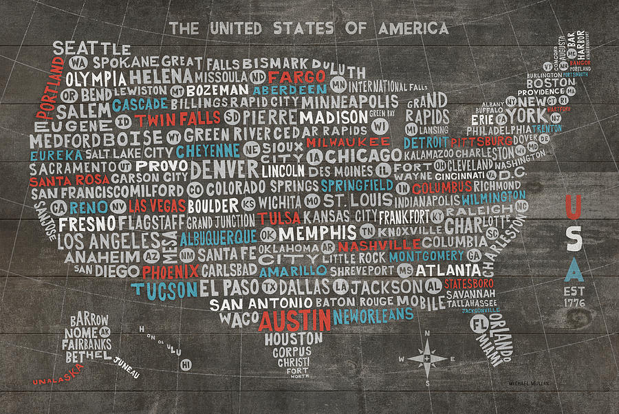 City Drawing - Us City Map On Wood Gray by Michael Mullan