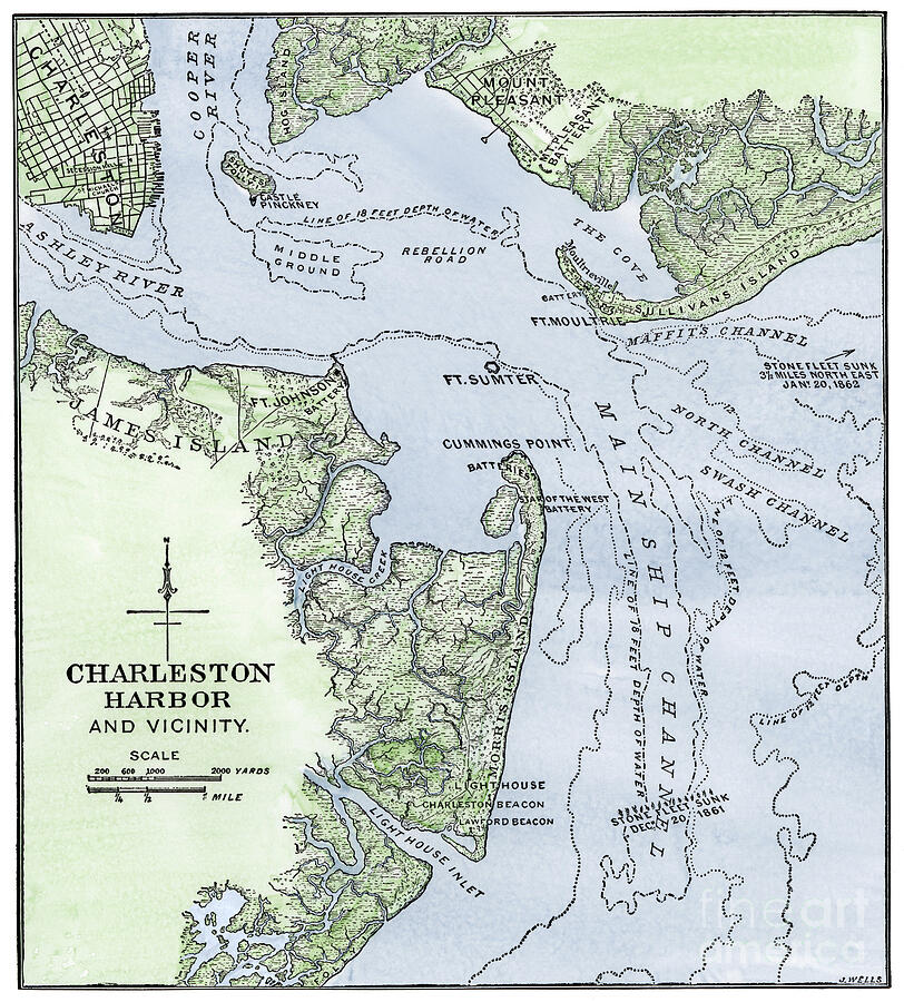 Map Drawing - Us Civil War, 1861-1865 Map Of The Port Of Charleston, South Carolina, Showing The Exact Location Of Fort Sumter And Fort Moultrie Coloured Water, 19th Century by American School