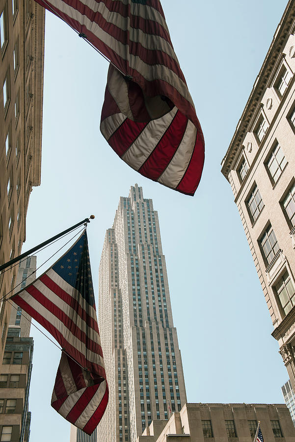 Us Flags On Buildings, Manhattan, New York, Usa Digital Art by Max ...