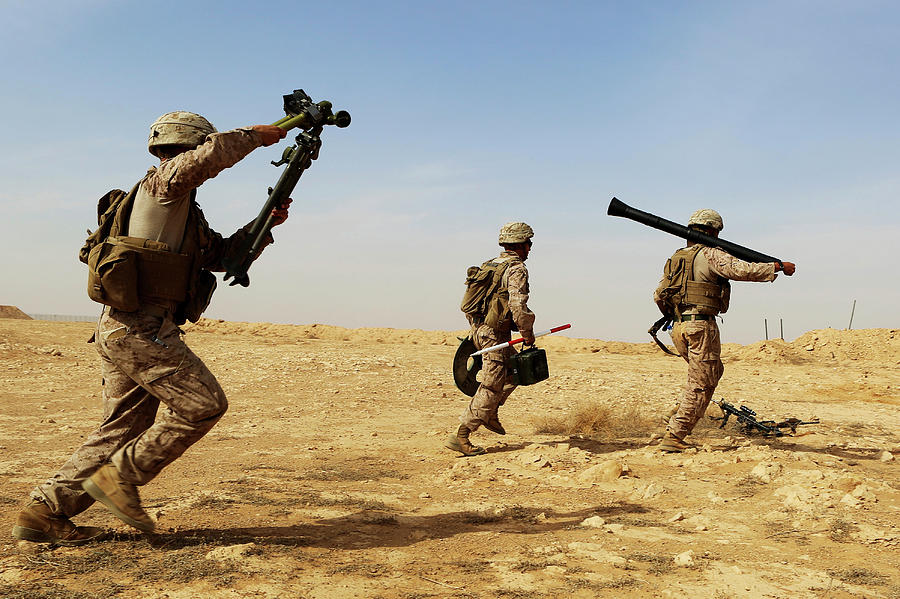 Al Asad Air Base Photograph - U.s. Marines Rush With Their Weapons by Stocktrek Images Al Asad Air Base Photograph - U.s. Marines Rush With Their Weapons by Stocktrek Images
