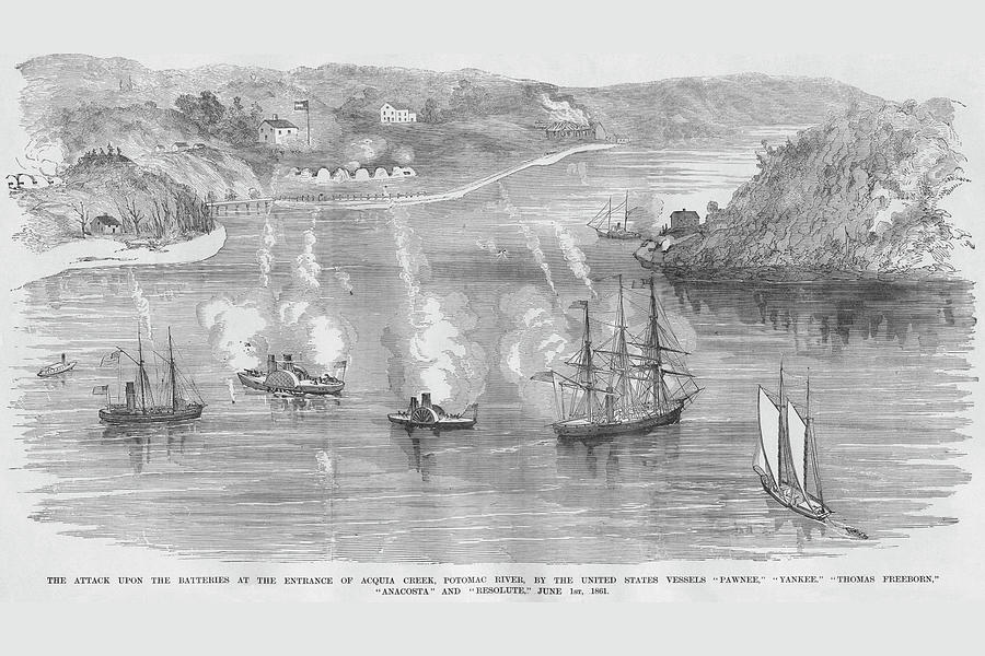 US Naval Bombardment of Southern Batteries at Acquia Creek on the Potomac. Painting by Frank Leslie