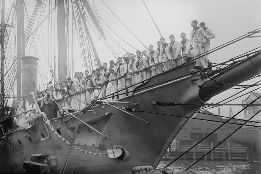 U.S. Navy Sailors on the Newport Training ship lined up on Bowsprit Painting by 