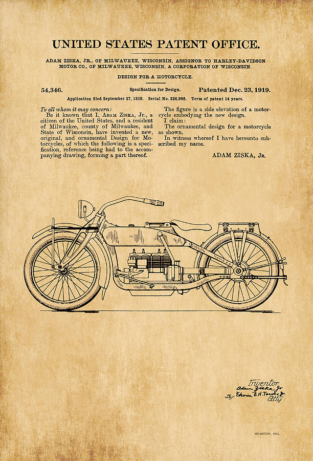 US Patent - HD Motorcycle - Circa 1919 - Sepia Digital Art by Marlene Watson