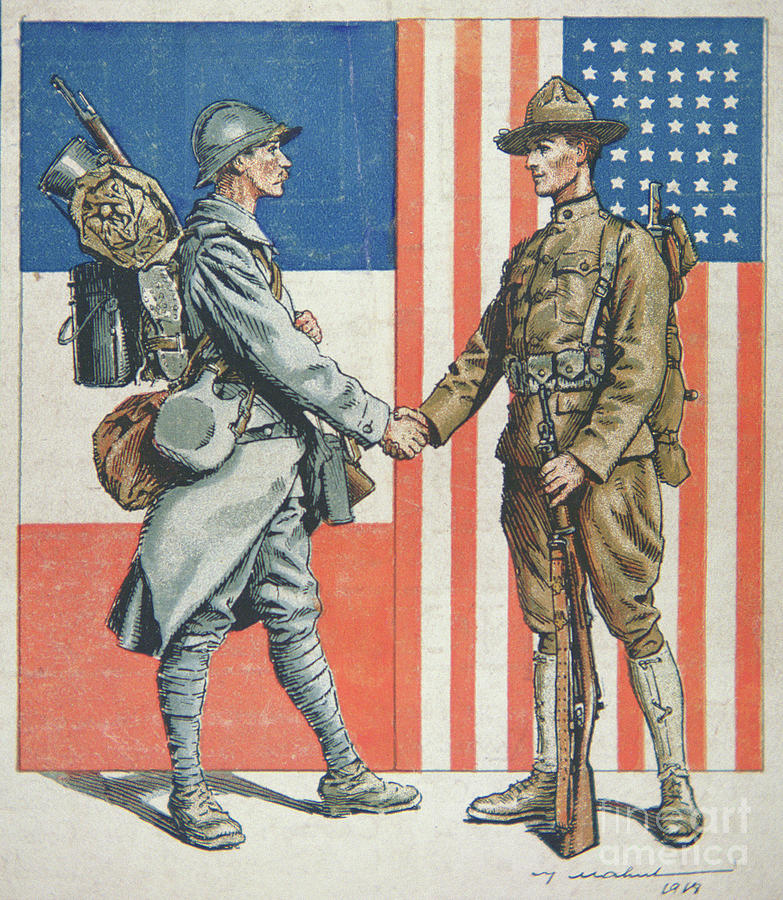 The Great War Drawing - Us Soldier Shaking Hands With A French Soldier, Americas Entry Into World War One, 1919 by American School