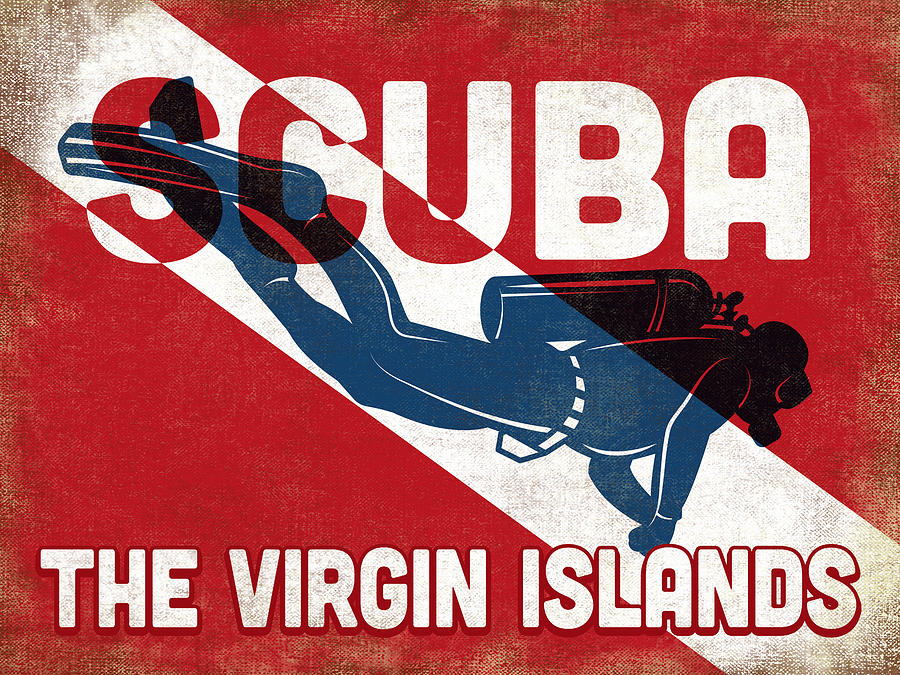 Us Virgin Islands Digital Art - US Virgin Islands Scuba Diver - Blue Retro by Flo Karp