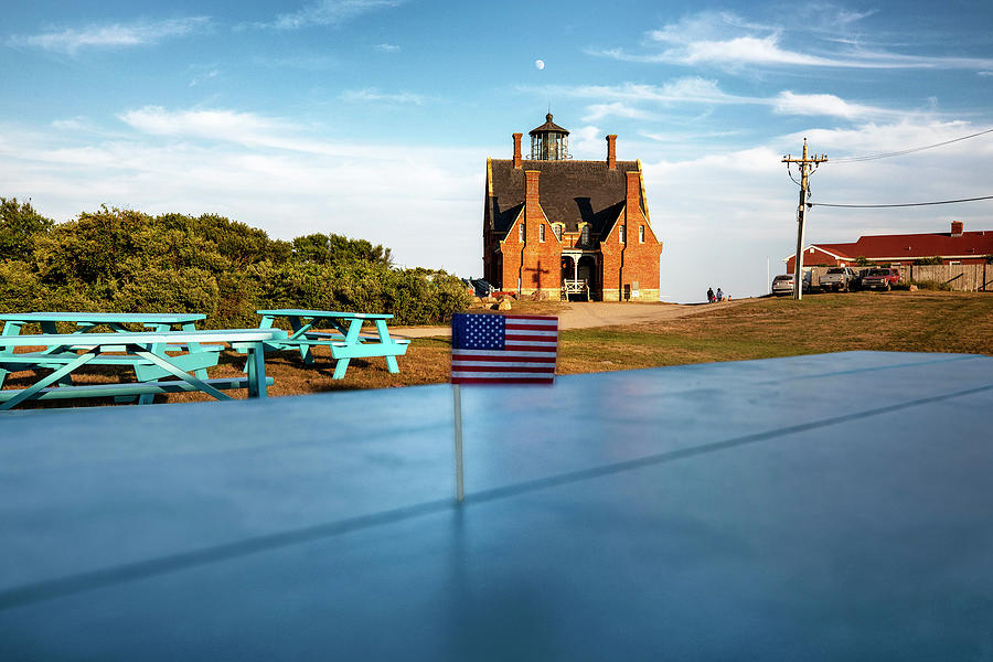 Usa, Block Island, Rhode Island, New England, Little Usa Flag, Southeast Lighthouse, Blue Wooden Picnic Tables. Digital Art by Andres Uribe