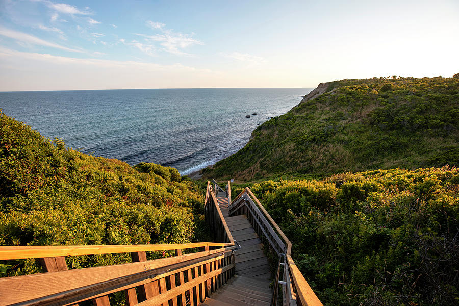 Usa, Block Island, Rhode Island, New England, Wooden Stairs Going To The Beach Surrounded By Green Grass And Cliffs. Digital Art by Andres Uribe