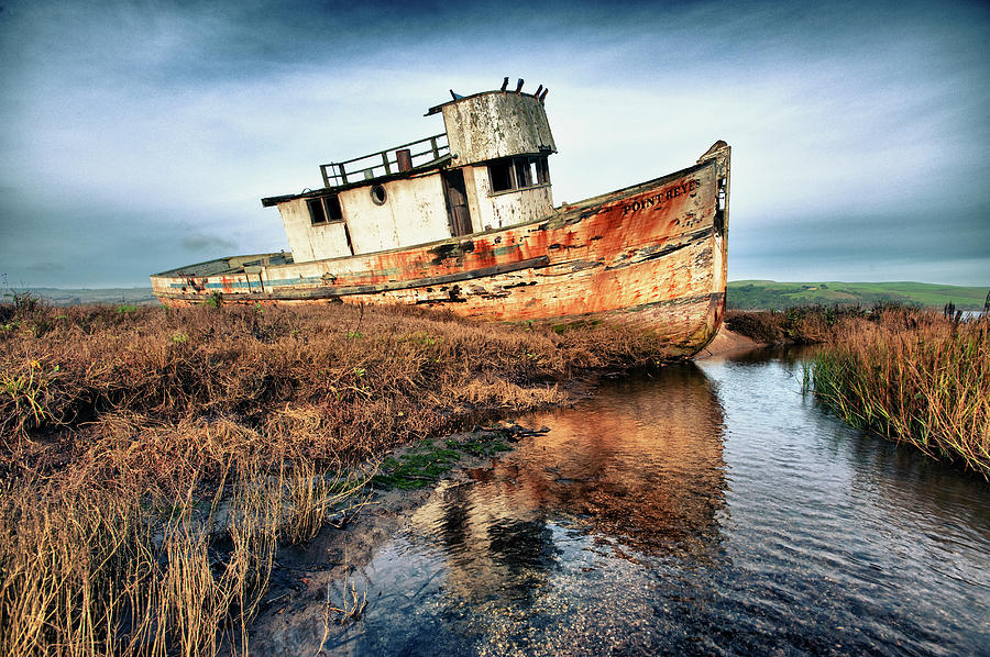 Derelict Photograph - USA, California Rotting Fishing Boat by Betty Sederquist