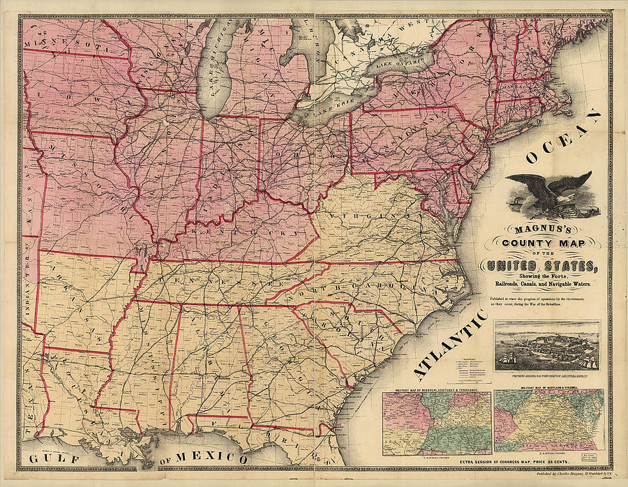 Map Painting - USA forts, railroads, canals, and navigable waters - 1862 by Unknown