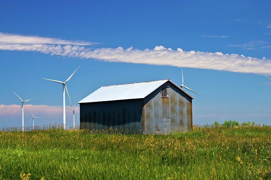 Usa, Kansas, Barn In Wind Farm Digital Art by Claudia Uripos
