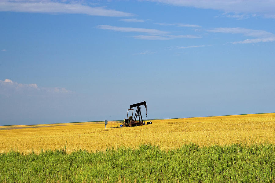 Usa, Kansas, Oil Pump On Wheat Field Digital Art by Claudia Uripos
