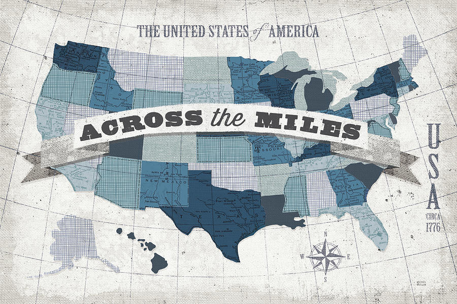 Map Painting - Usa Modern Vintage Blue Grey With Words by Michael Mullan