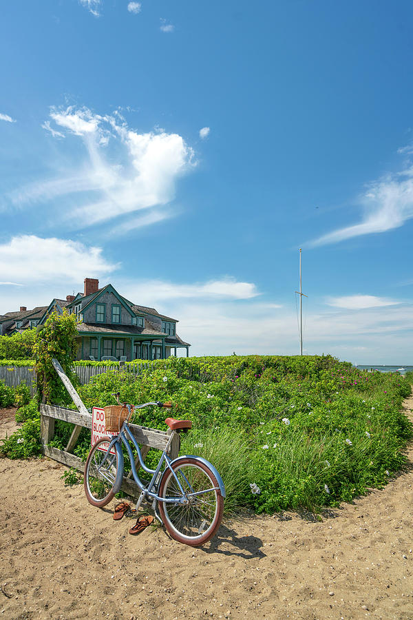 Usa, Nantucket, Massachusetts, New England, Brant Point Beach, Bike Against Wooden Fence. Digital Art by Alejandra Uribe Posada