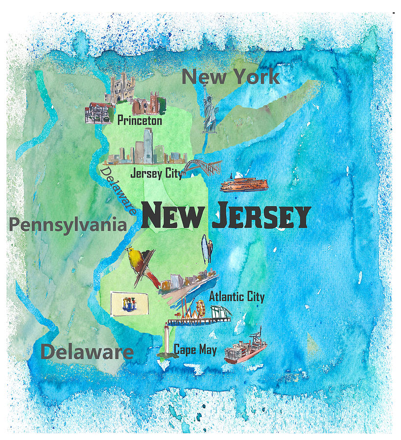 USA New Jersey State Travel Poster Map 