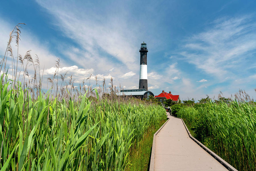 Usa, New York, Long Island, Wooden Path To The Fire Island Lighthouse Surrounded By Beach Grass, Blue Sky, White Clouds. Digital Art by Alejandra Uribe Posada