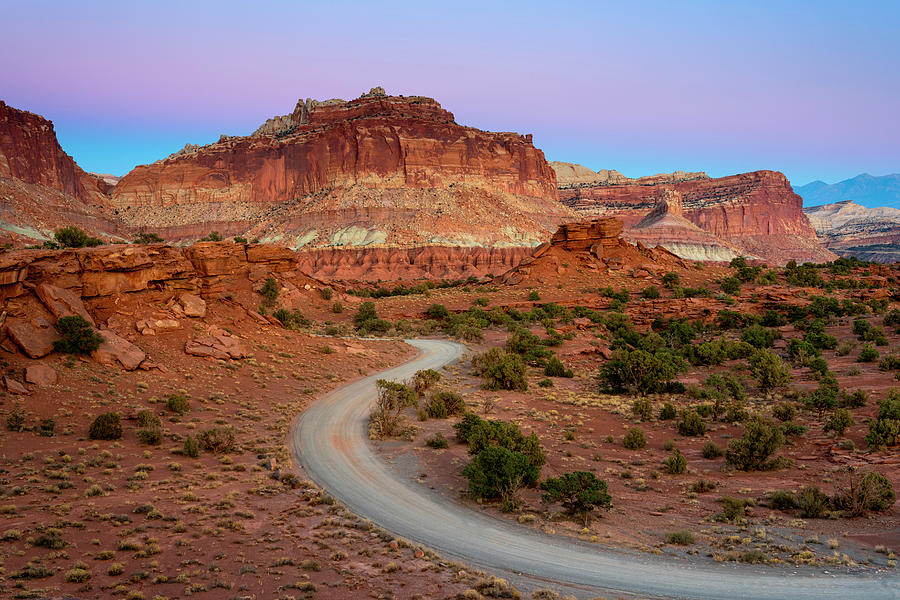 Usa, Utah, Capitol Reef National Park, Colorado Plateau, Dirt Road And Whiskey Flat Seen From Panorama Point At Dusk Digital Art by Jan Miracky