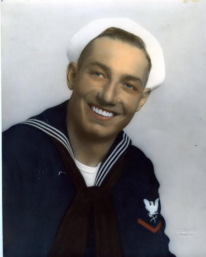 USN Hand Tinted Navy Sailor Portrait Uniform Tropical 40s WW2 Painting by Celestial Images