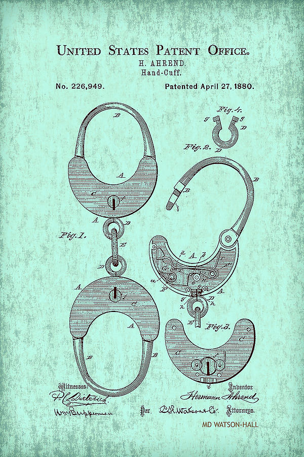 USPO-Handcuff Patent 1880 - Teal Digital Art by Marlene Watson