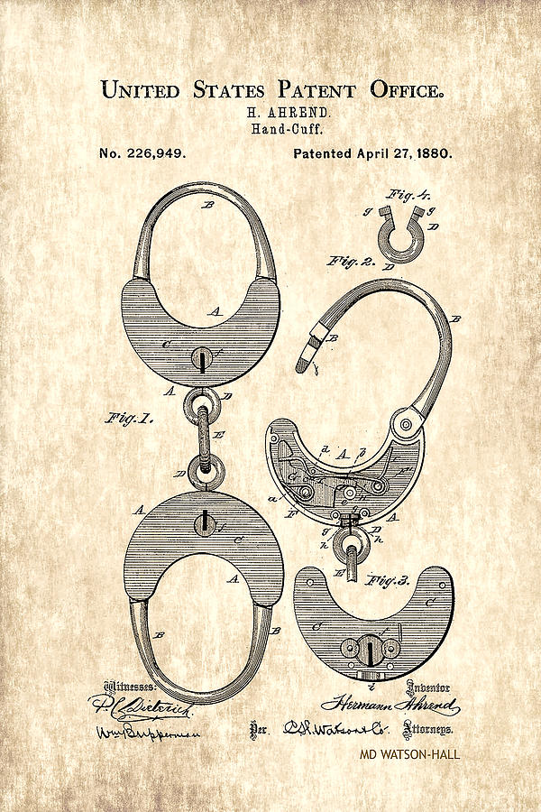 USPO - Handcuff Patent - Circa 1880 - Aged Paper Digital Art by Marlene Watson