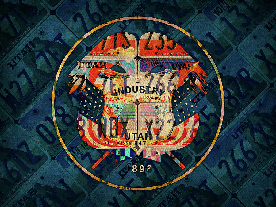 Vintage Photograph - Utah State Flag Recycled Vintage License Plate Art by Design Turnpike