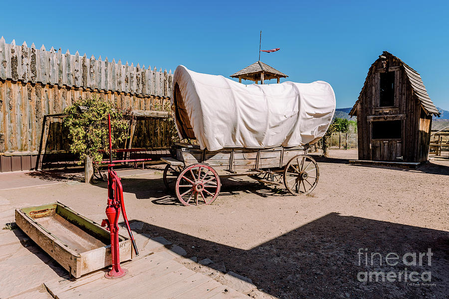 Utah Zion National Park Vintage Covered Wagon and Water Pump Wide Photograph by Aloha Art