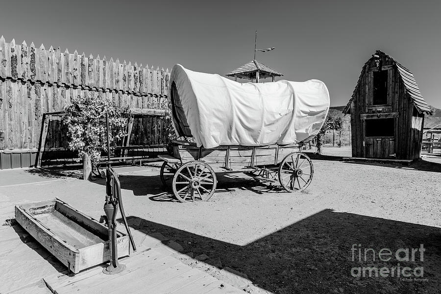 Utah Zion National Park Vintage Covered Wagon and Water Pump Wide Black and White Photograph by Aloha Art