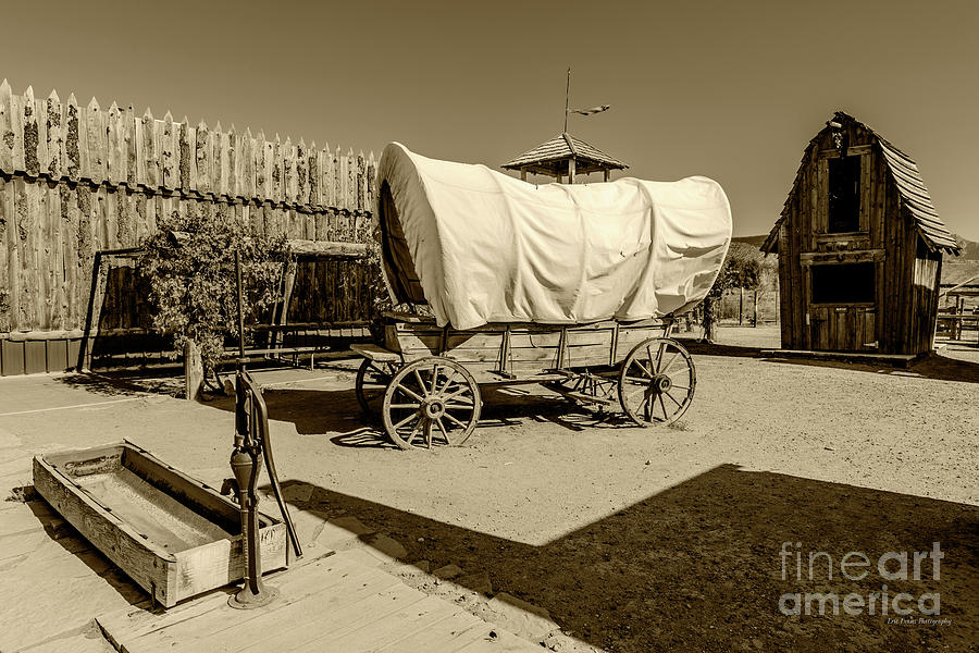 Utah Zion National Park Vintage Covered Wagon and Water Pump Wide Sepia Photograph by Aloha Art