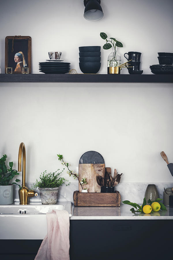 Utensils And Ornaments On Shelf Above Kitchen Sink With Golden Tap Fitting  Photograph by Silvia Palma Photography - Pixels
