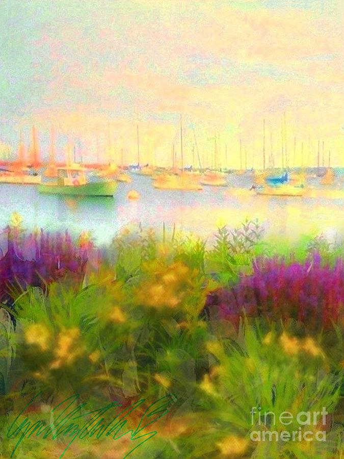 V Yellow Morning Harbor with Flowers - Vertical  Painting by Lyn Voytershark