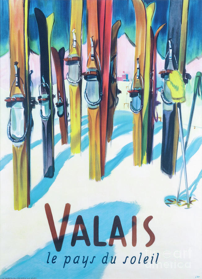 Vintage Photograph - Valais, vintage Swiss ski travel poster by Damian Davies
