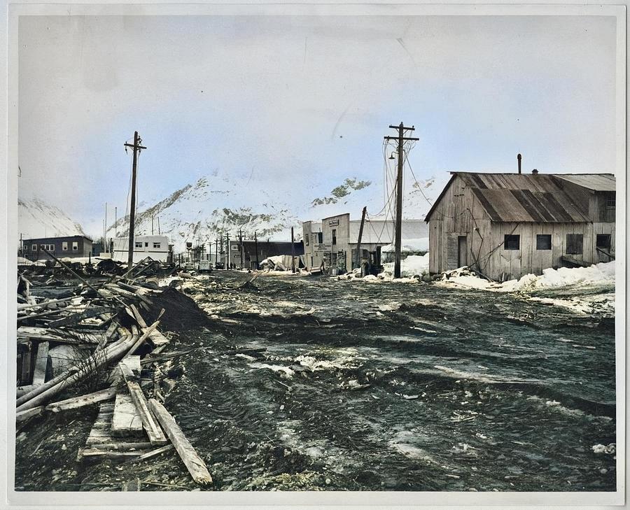 Valdez - McKinley Avenue in Old Valdez, 1964 Alaska Earthquake Photographs, 1964 - 1965 colorized by Painting by Celestial Images