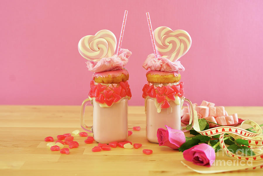 Valentines Day freak shakes with heart shaped lollipops and don Photograph by Milleflore Images