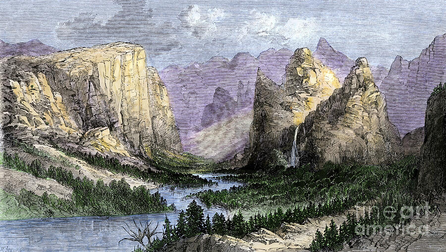 Yosemite National Park Drawing - Vallee Yosemite Before Becoming A National Park, Seen In The 1850s Colour Engraving Of The 19th Century by American School