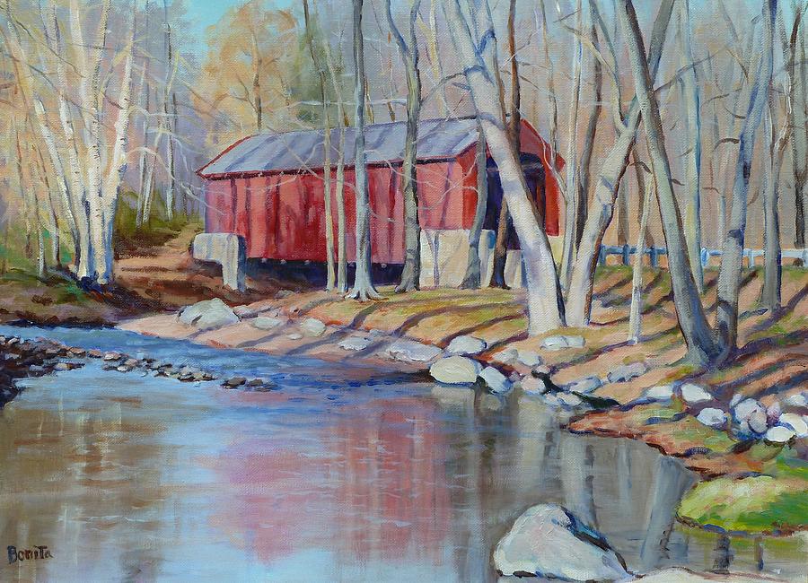Red Covered Bridge Painting - Valley Forge Covered Bridge by Bonita Waitl