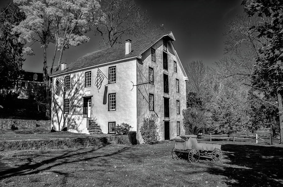 Valley Forge Grist Mill in Black and White Photograph by Bill Cannon