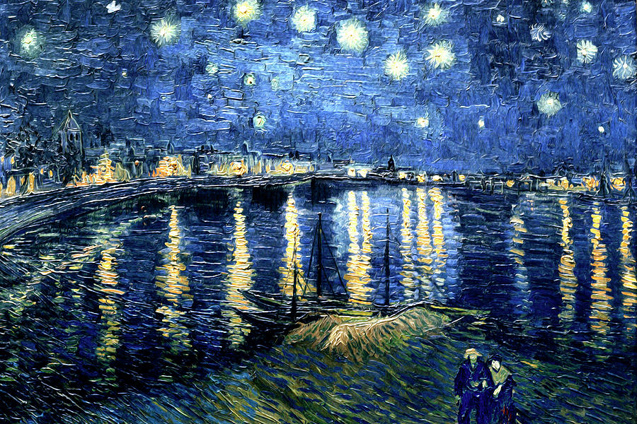 Van Gogh - Starry Night Over The Rhone - Vibrant and Painterly - Glow In The Dark Painting by Lori Grimmett