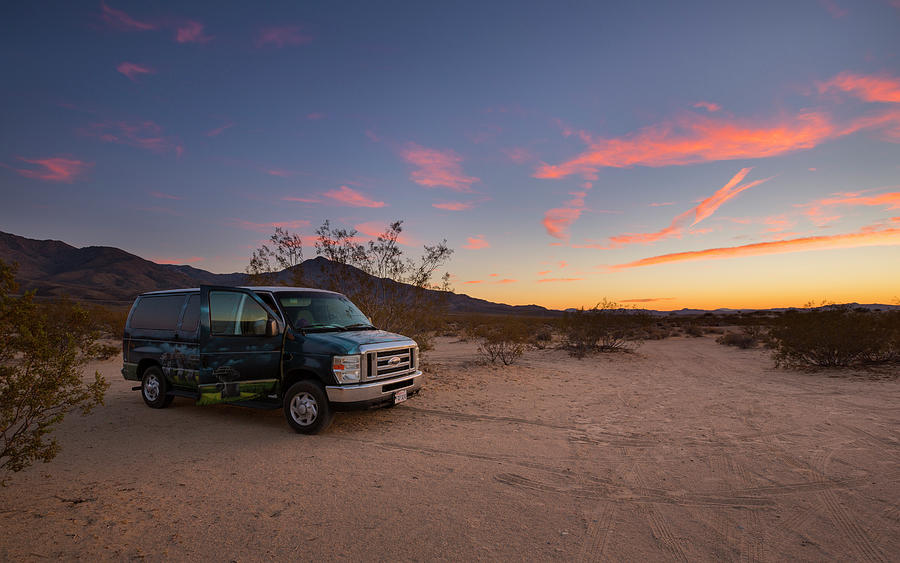 Van On The Sand Dunes Of Kelso In The Mojave National Park At Sunset Photograph by Bastian Linder