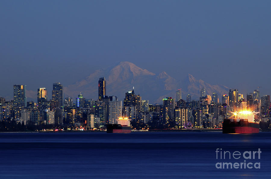 Vancouver Skyline And Mount Baker At Dusk  Photograph by Terry Elniski