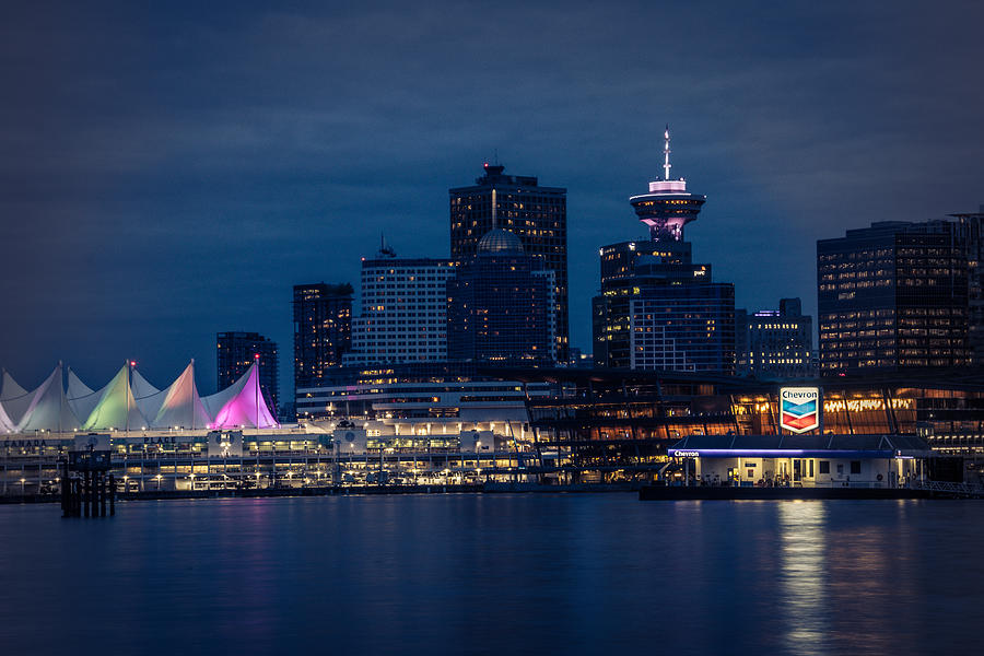 Skyline Photograph - Vancouver Skyline At Night by Peter Hainzl