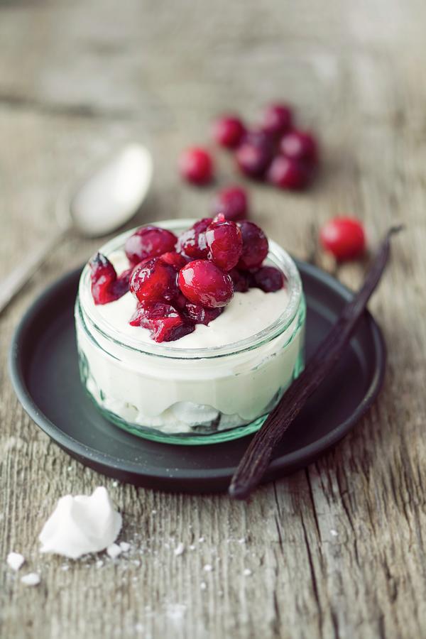 Vanilla Cream With Cranberries christmas Dessert Photograph by Jan Wischnewski