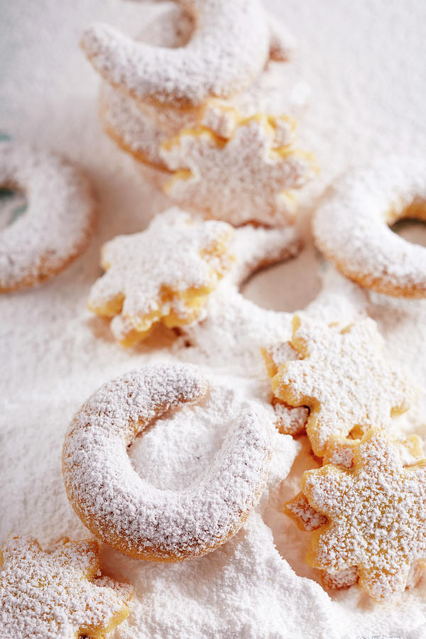 Vanilla Crescent Biscuits And Shortbread Almond Stars In Icing Sugar Photograph by Teubner Foodfoto