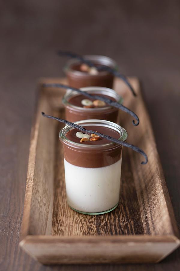 Vanilla Panna Cotta With Chocolate Sauce, Garnished With Roasted Almonds, Chocolate Raisins And Vanilla Pods Photograph by Jan Wischnewski