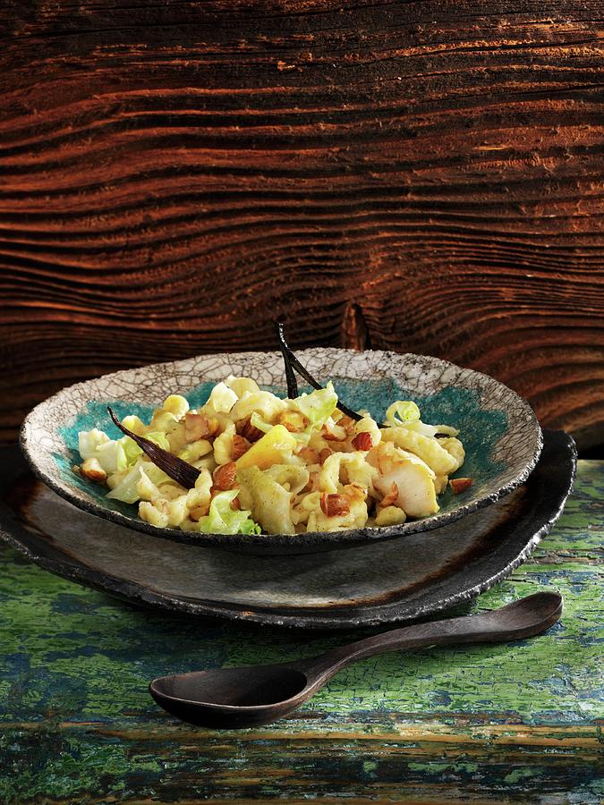Vanilla Sptzle soft Egg Noodles From Swabia With Pointed Cabbage, Pears And Hazelnuts Photograph by Newedel, Karl