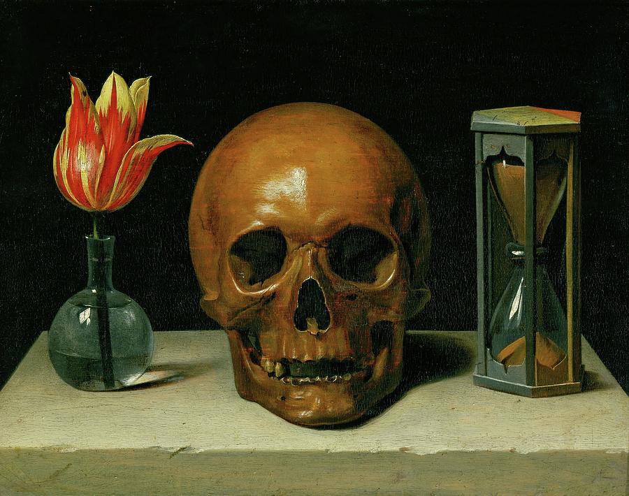 Vanitas, allegory of fleeting time with skull and hour-glass. Oil