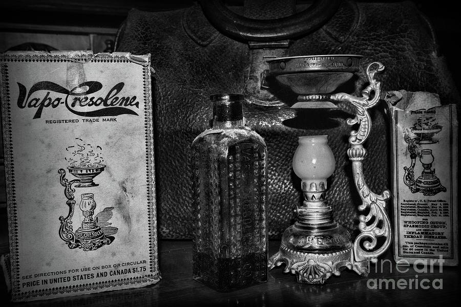Black And White Photograph - Vapo-Cresolene Vaporizer and Bottle Respiratory Remedy black and white by Paul Ward